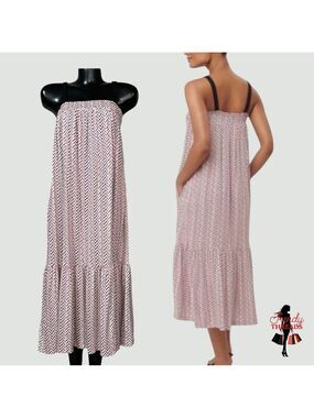 LOFT Chevron Print Flounce Pocket Midi/Maxi Dress SMALL Relaxed Fit Vaca Costal